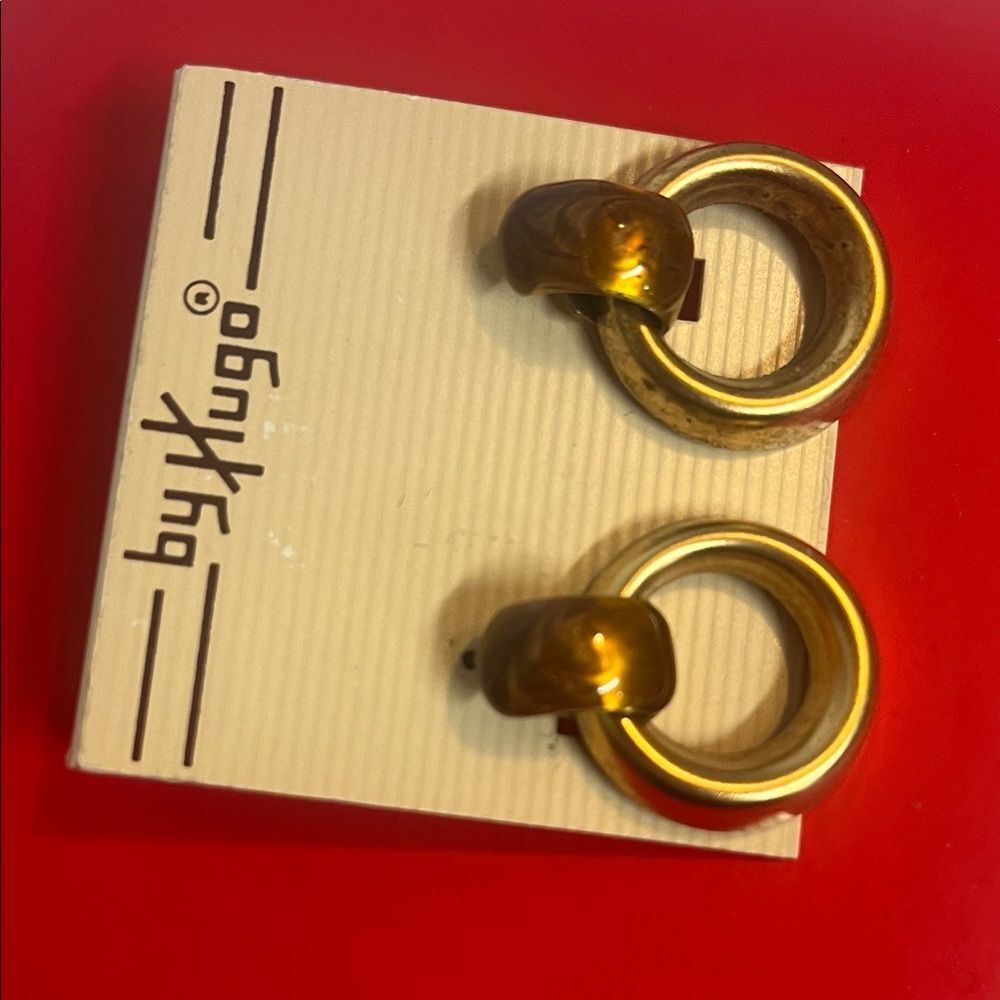 HUGO Vintage Antiqued Gold-tone hoop drop earrings w/ tortoise shell accent #90s - Picture 6 of 6